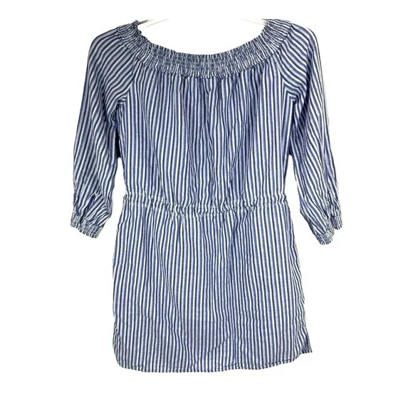 Rag & Bone Drew Off Shoulder Mini Dress Tunic MED Blue Stripe Cotton - Picture 6 of 13